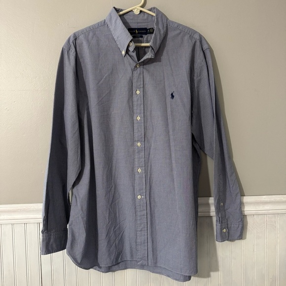 Ralph Lauren Men’s Slim Fit Shirt 18 34/35 Blue Gingham Embroidered Blue Pony - Picture 1 of 4